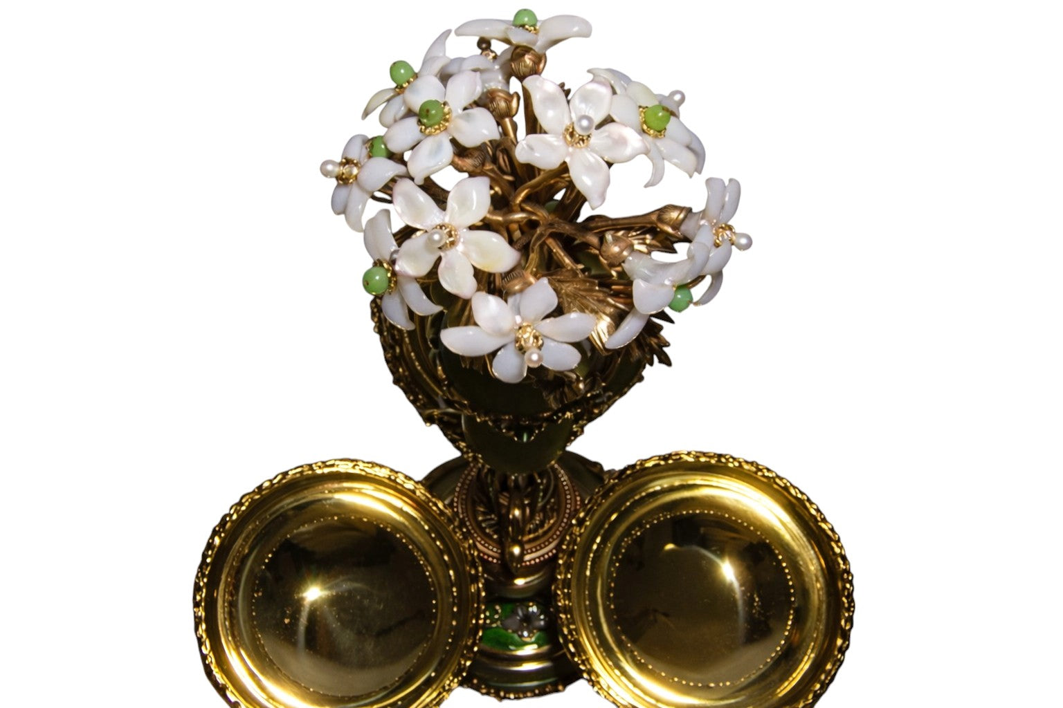 Top view of floral ornament cluster with jade, pearls, and gold-plated silver decorative detailing