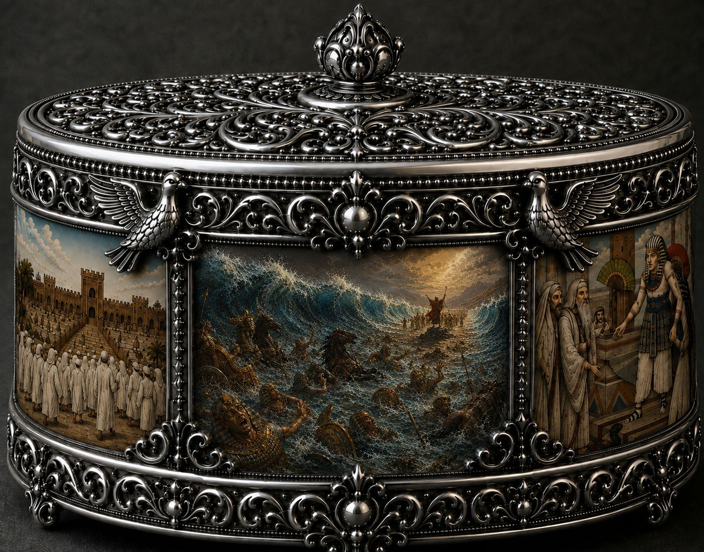 The Journey to Freedom handcrafted sterling silver Judaica matzah holder with biblical Exodus oil paintings