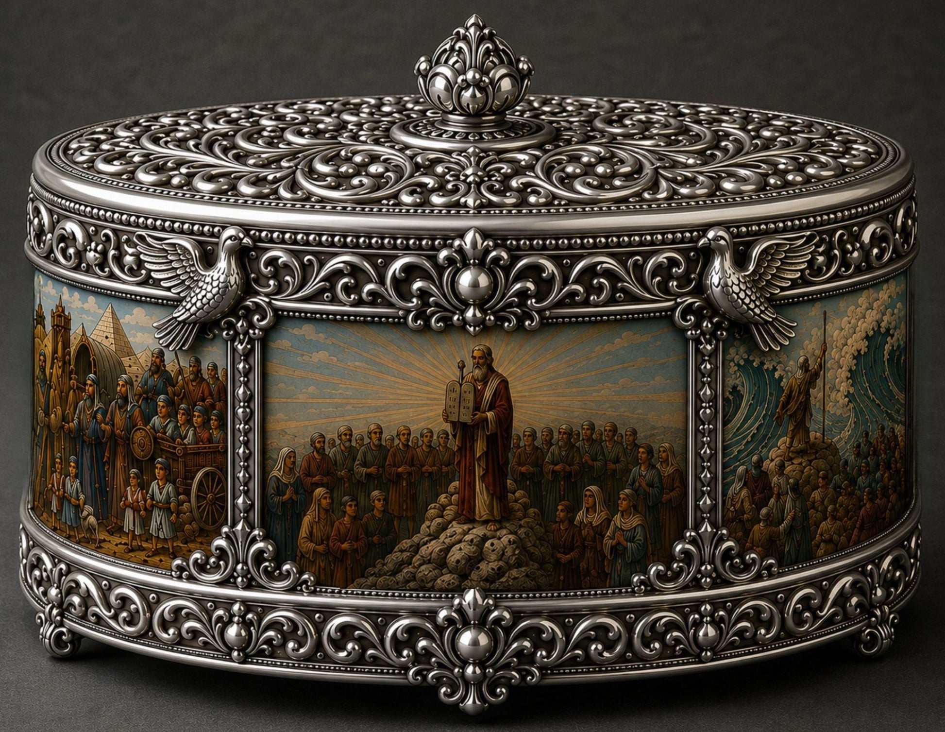 The Journey to Freedom sterling silver Passover matzah holder with hand-painted Exodus scenes and ornate sculptural decoration