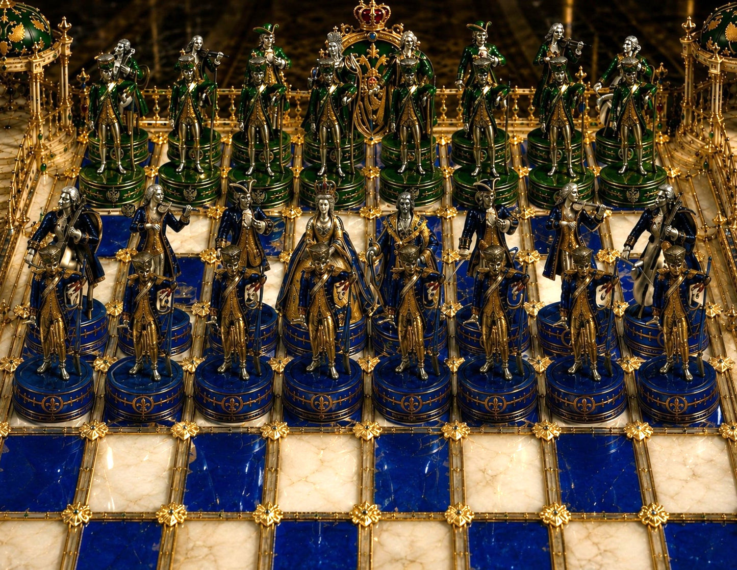 Luxury chess pieces depicting Marie Antoinette, Louis XVI, Catherine the Great and Prince Potemkin on palace chessboard