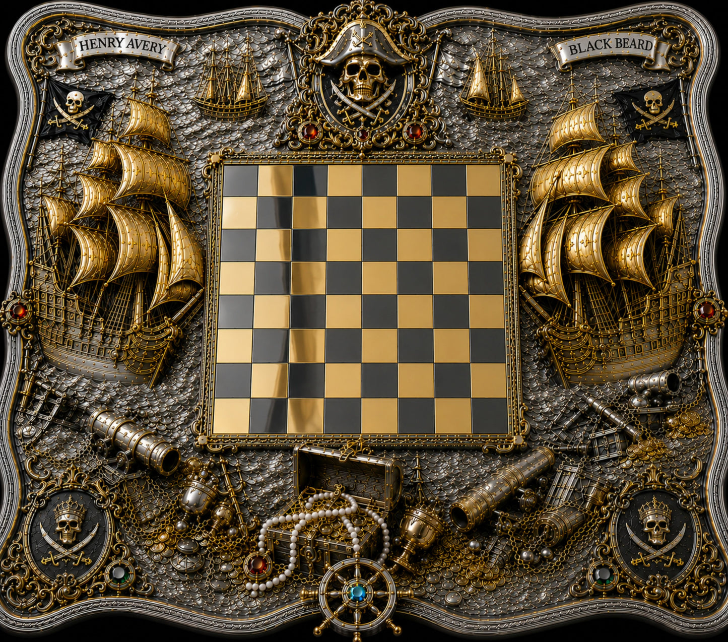Luxury sterling silver and 24K gold pirate chess board with Spanish galleons and treasure