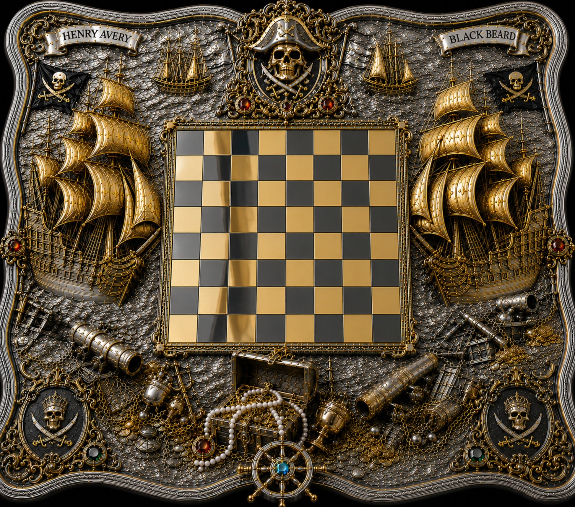 Luxury sterling silver and 24K gold pirate chess board with Spanish galleons and treasure