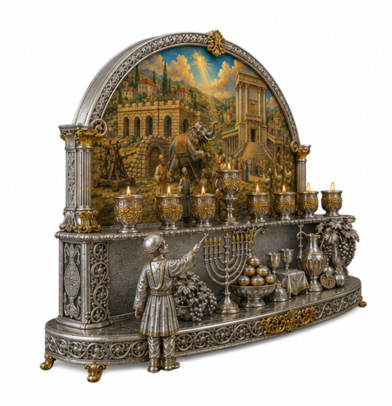 Luxury sterling silver Hanukkiah with sculptural Judaica details, gold gilding and hand-painted Maccabean scene