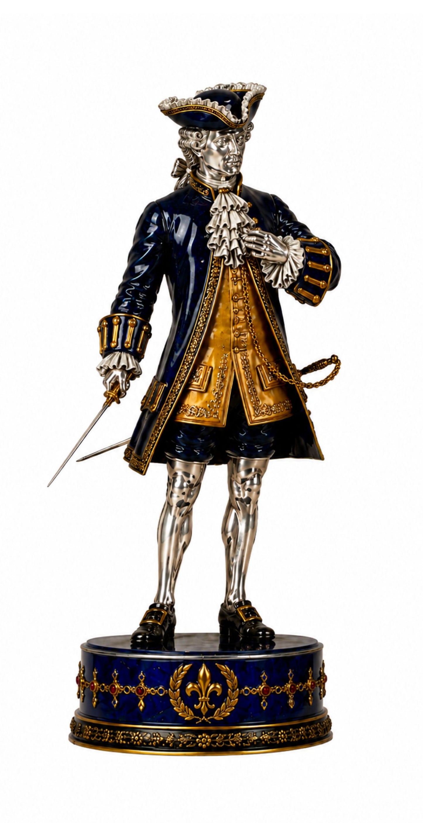 French court aristocrat chess piece inspired by the court of Louis XVI, handcrafted in silver, blue enamel and gold vermeil with Rococo detailing