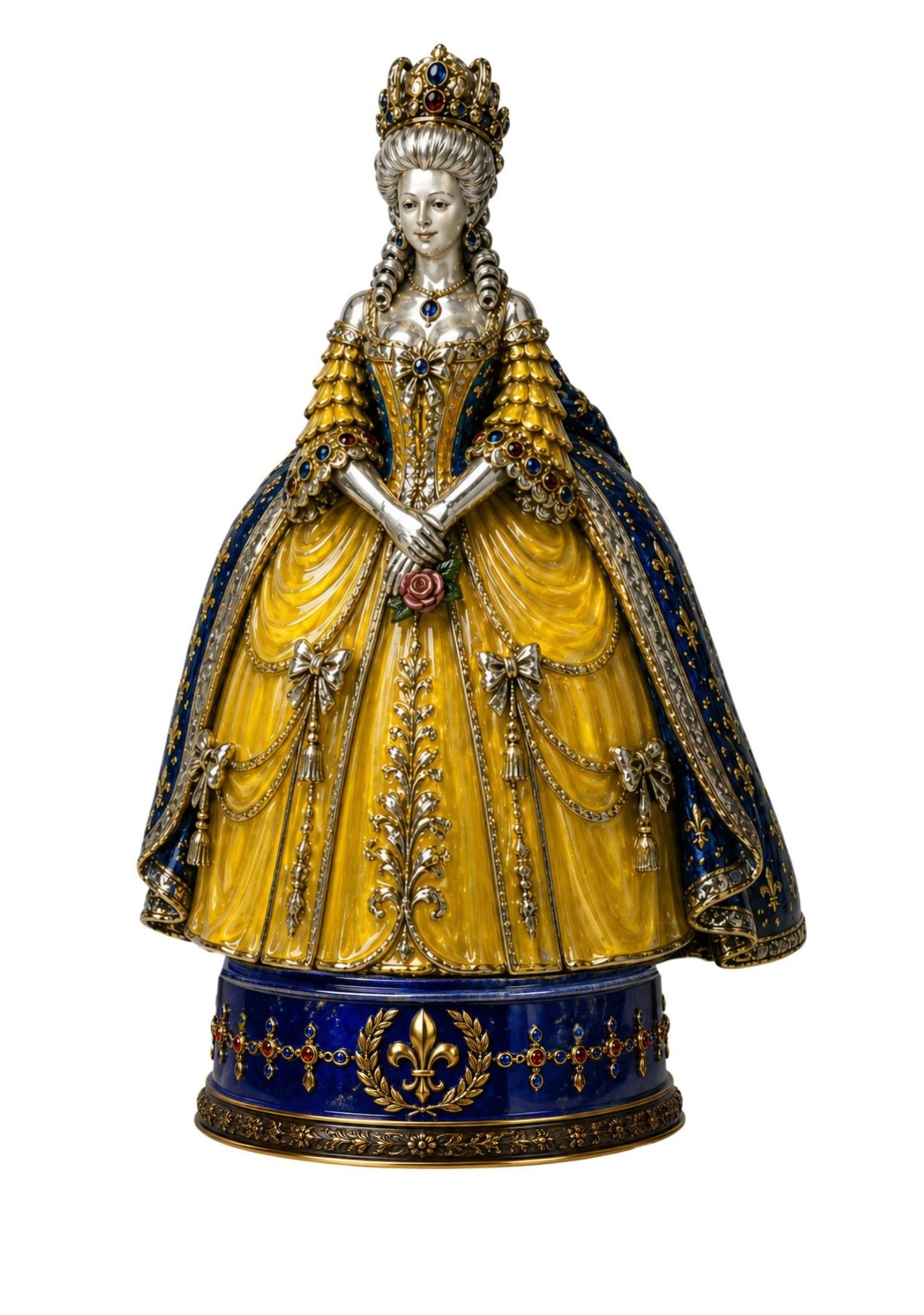 Marie Antoinette chess queen piece in silver, yellow enamel, gemstones and Rococo court dress