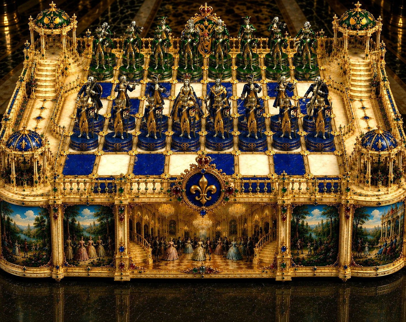 Complete Rococo chess set featuring French and Russian imperial courts handcrafted in silver, gold, enamel and gemstones