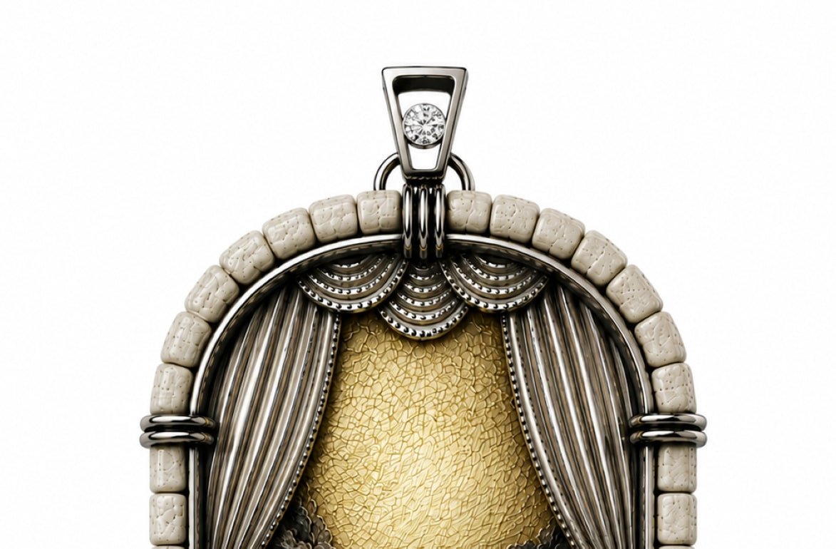 Detailed view of the upper section of The First Day of Creation pendant featuring a bezel-set round diamond, hand-carved Jerusalem stone arch, and finely sculpted sterling silver curtain ornamentation.