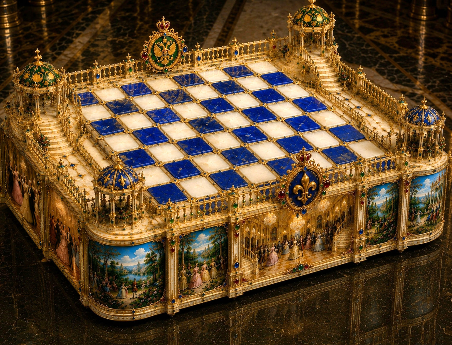 Museum-quality Rococo palace chessboard with lapis lazuli, onyx, gold vermeil and miniature ballroom paintings