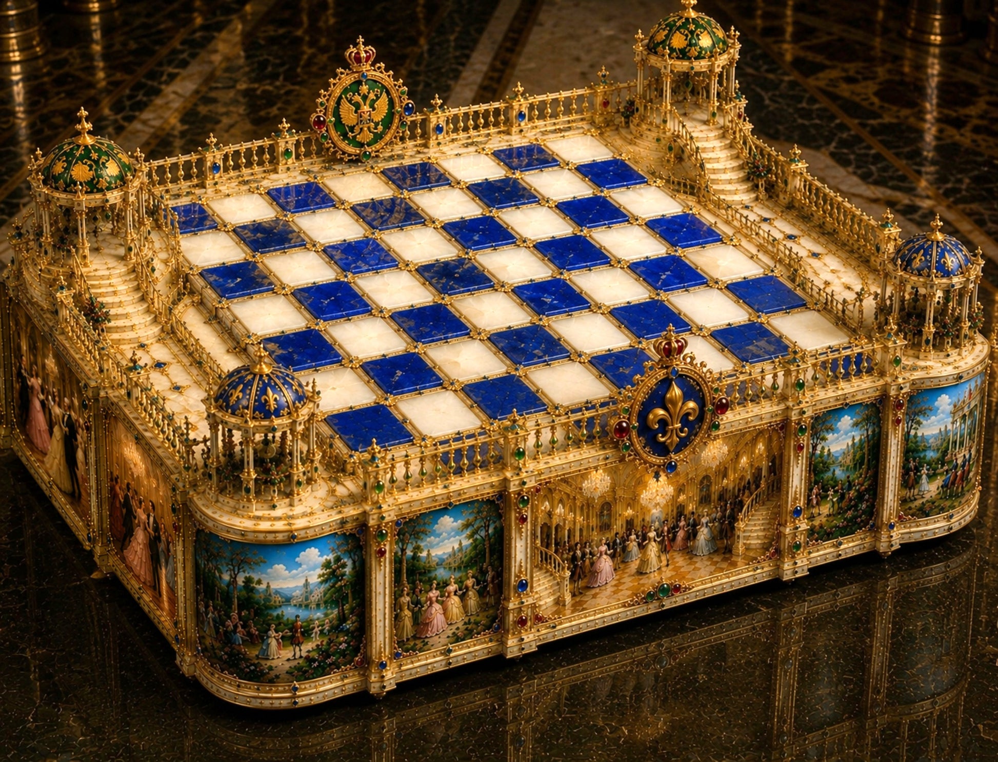 Museum-quality Rococo palace chessboard with lapis lazuli, onyx, gold vermeil and miniature ballroom paintings