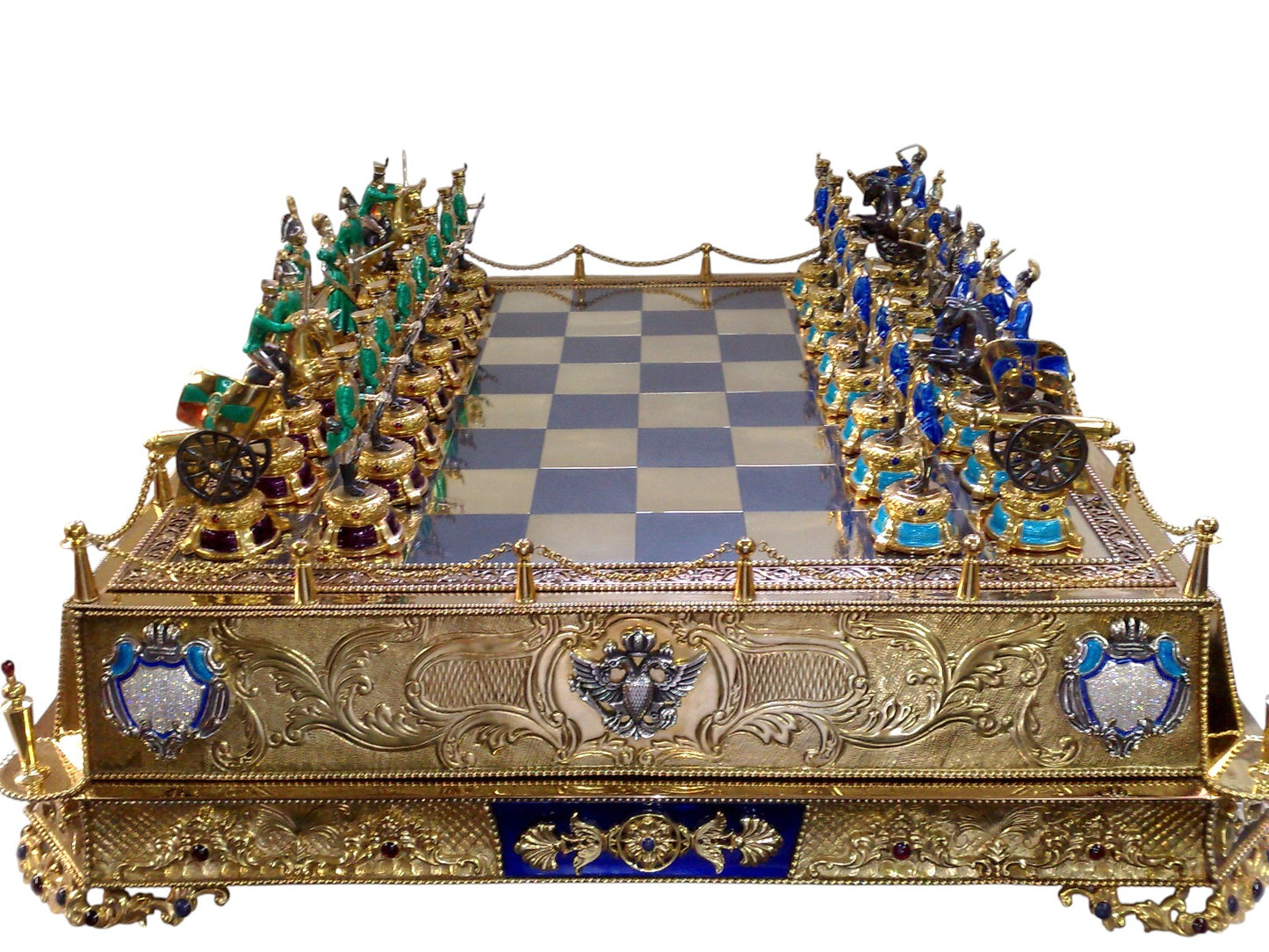 Side view of the “Napoleon vs. Alexander I” Fabergé-inspired imperial silver chess set, highlighting guilloché enamel work, architectural panels of Notre-Dame and Christ the Savior, sculpted portraits, and luxury gemstone inlays by Konforti Jewelry.