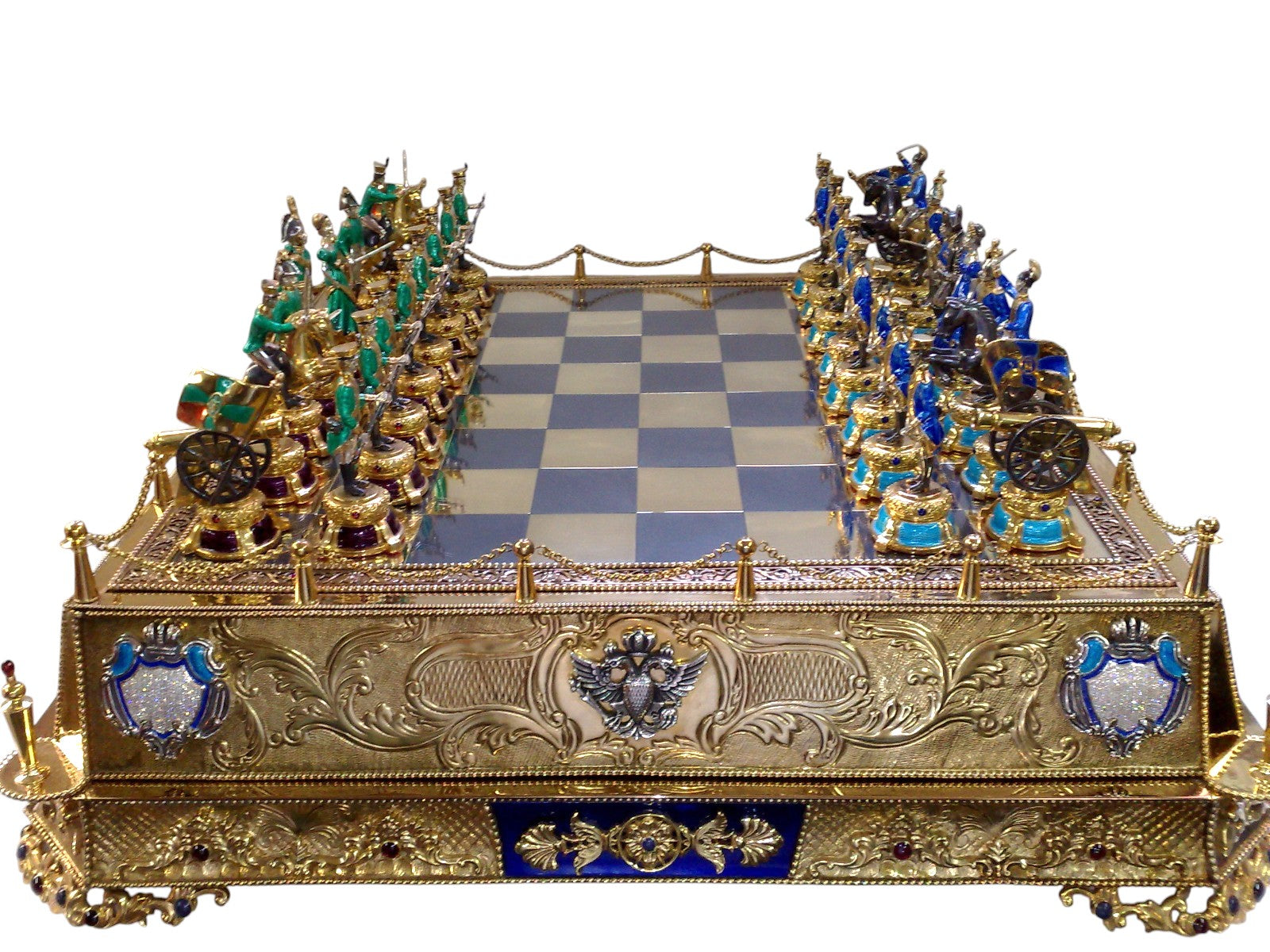 Side view of the “Napoleon vs. Alexander I” Fabergé-inspired imperial silver chess set, highlighting guilloché enamel work, architectural panels of Notre-Dame and Christ the Savior, sculpted portraits, and luxury gemstone inlays by Konforti Jewelry.
