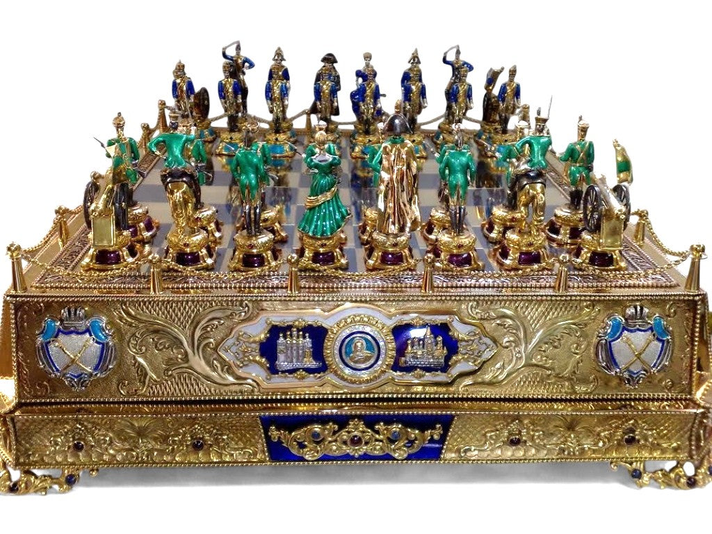Main view of the “Napoleon vs. Alexander I” imperial Fabergé-style silver chess set by Konforti Jewelry, showing the full board with all sculpted pieces, hot transparent enamel, gemstone inlay, and guilloché detailing inspired by Russian imperial craftsmanship.
