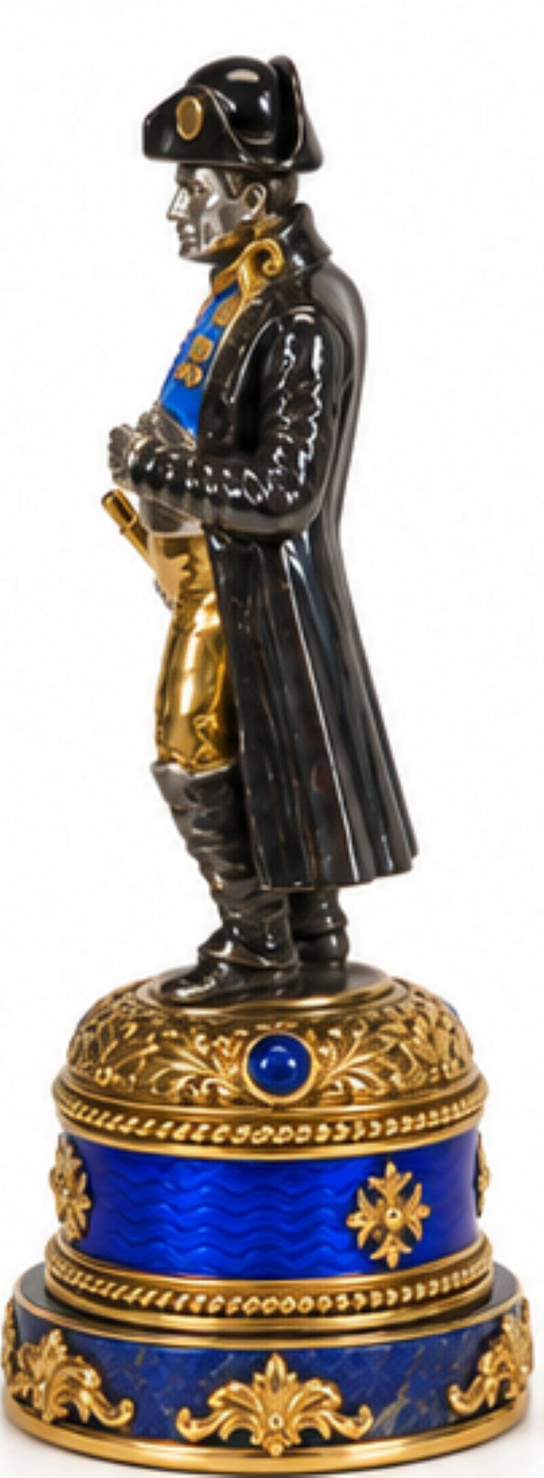 Side view of Napoleon Bonaparte luxury paper holder in sterling silver, 24K gold gilt, blue enamel and lapis lazuli