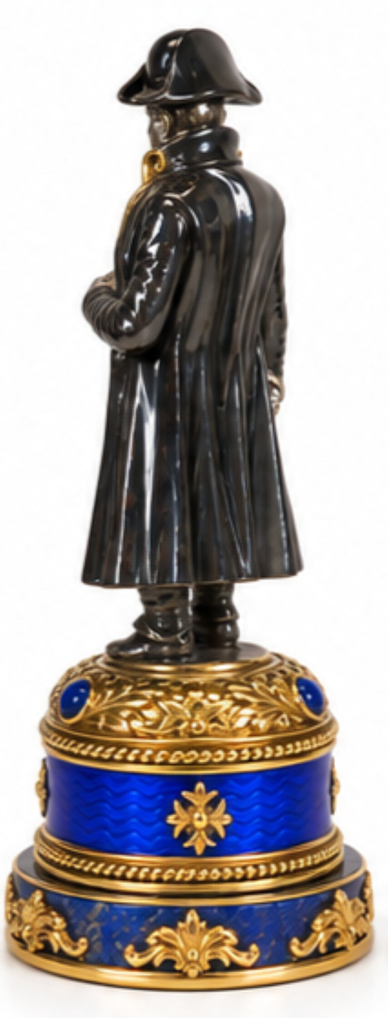 Rear side view of Napoleon Bonaparte sterling silver sculpture with 24K gold gilt, blue hot enamel and lapis lazuli base
