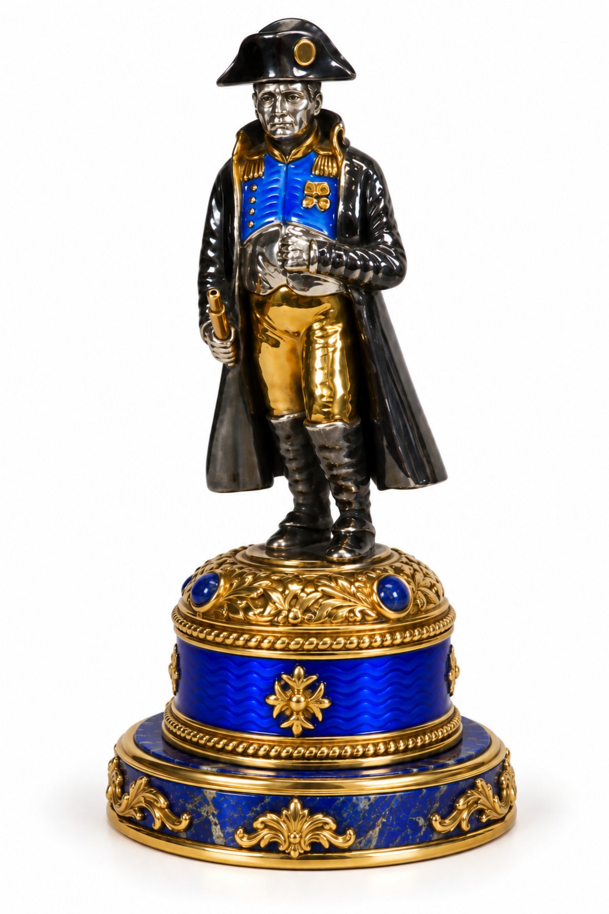 Napoleon Bonaparte sculptural paper holder in sterling silver with 24K gold gilt, blue hot enamel and natural lapis lazuli