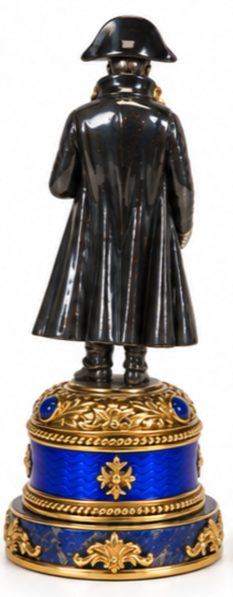 Back view of Napoleon Bonaparte sculptural desk object in sterling silver with 24K gold gilt and lapis lazuli base