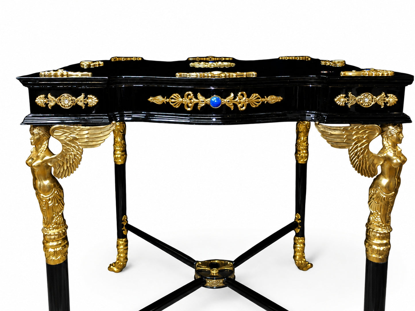 Front view of a luxury Napoleon chess table featuring sculptural winged Victoria supports, black lacquer finish, 24K vermeil ornamentation and lapis lazuli details.
