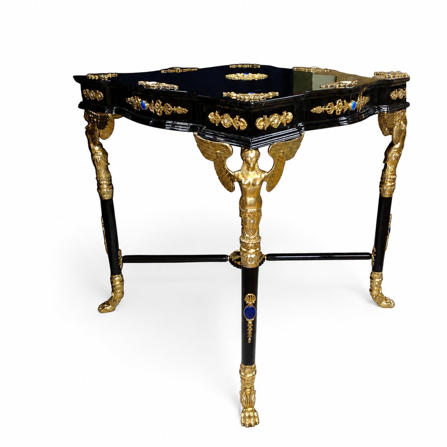 Monumental Napoleon Empire style chess table handcrafted in black lacquered wood with winged Victoria sculptures, sterling silver, 24K vermeil, lapis lazuli and mother of pearl accents.
