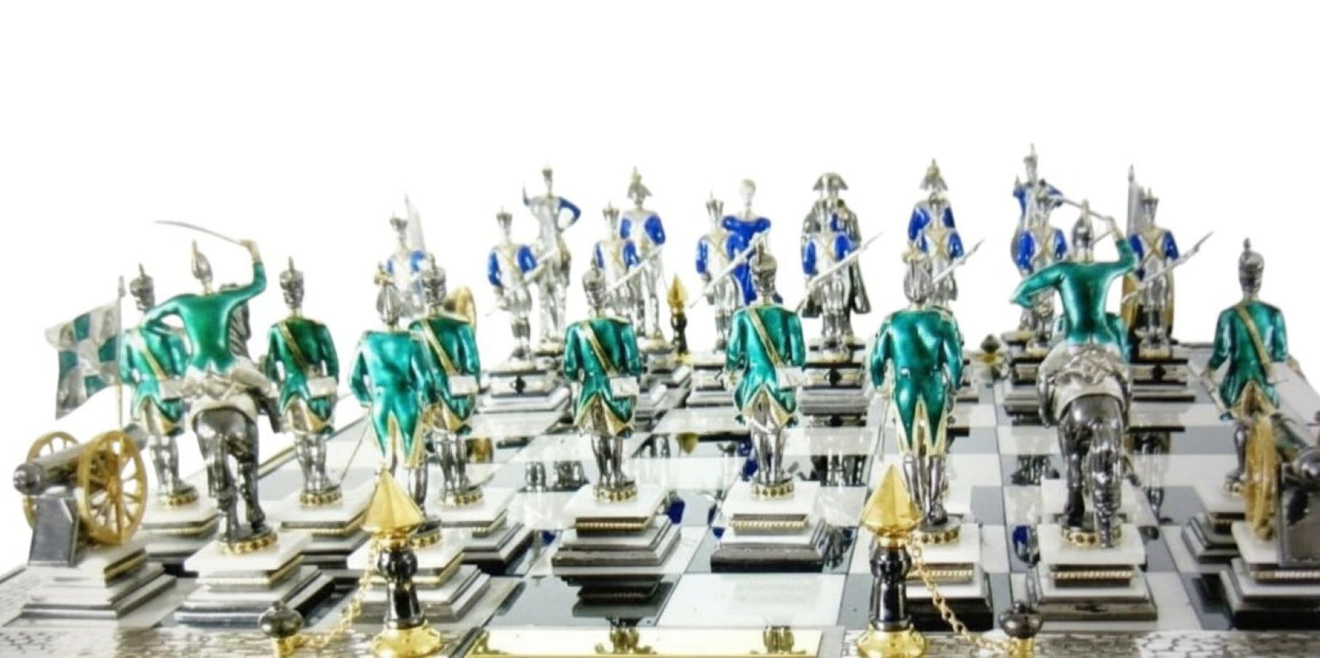 Detail view of the fortress-style chessboard from the “Napoleon I and the Campaign of 1812 vs. Alexander I” monumental sculptural silver chess set, featuring onyx architectural elements, hot enamel decoration, and diamond-set details.
