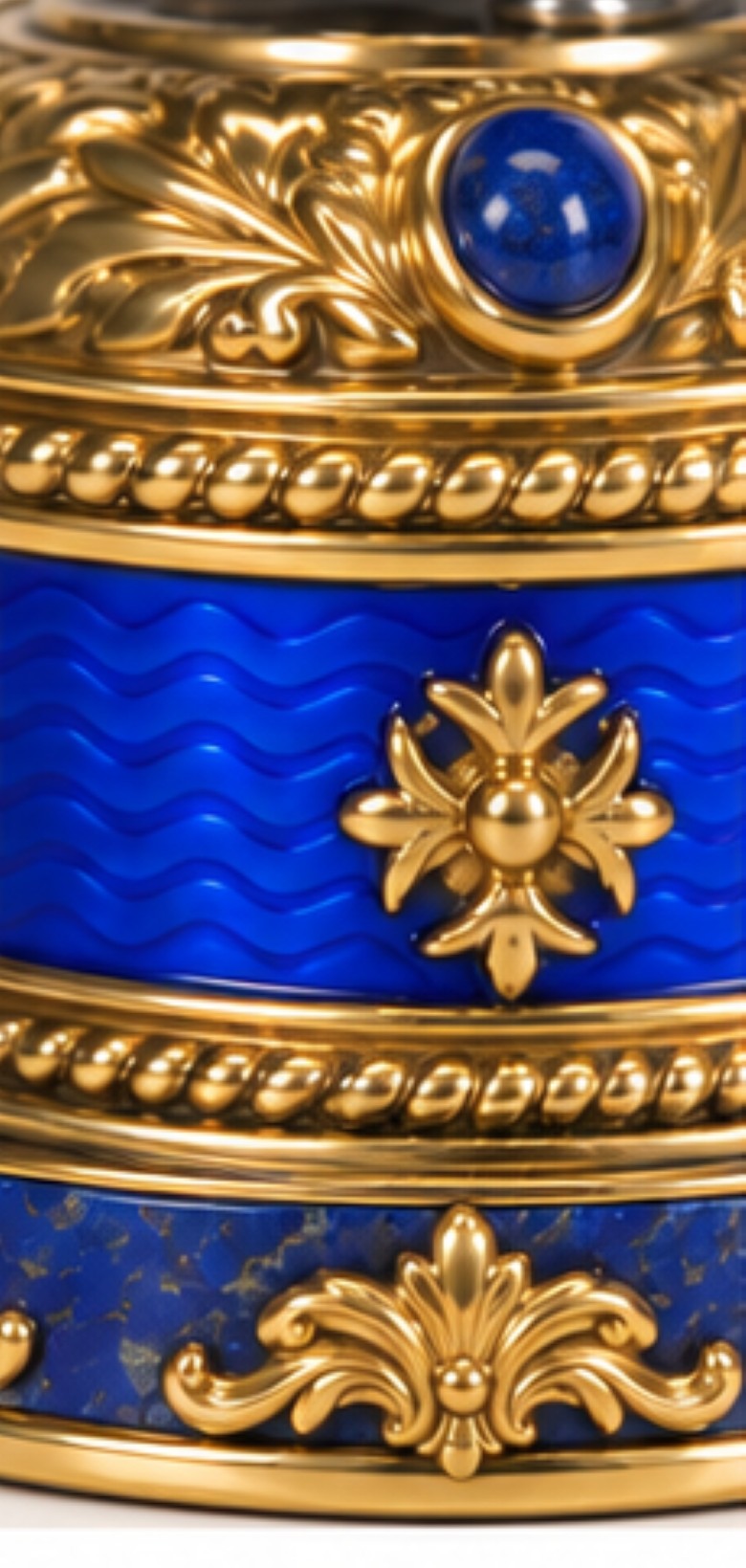 Close-up of blue guilloché hot enamel, natural lapis lazuli and 24K gold gilt details on Napoleon Bonaparte paper holder
