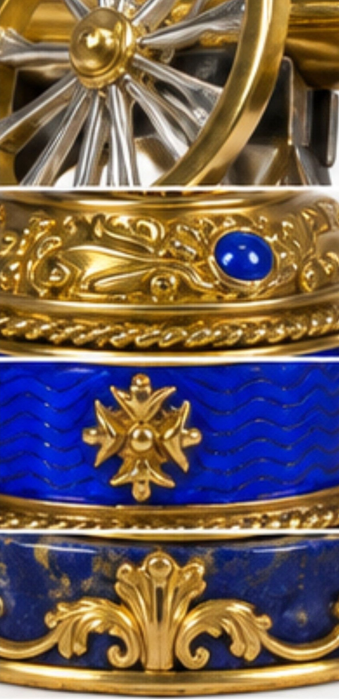 Close-up of Napoleonic Cannon paper holder with 24K gold gilt ornament, blue guilloché hot enamel and lapis lazuli
