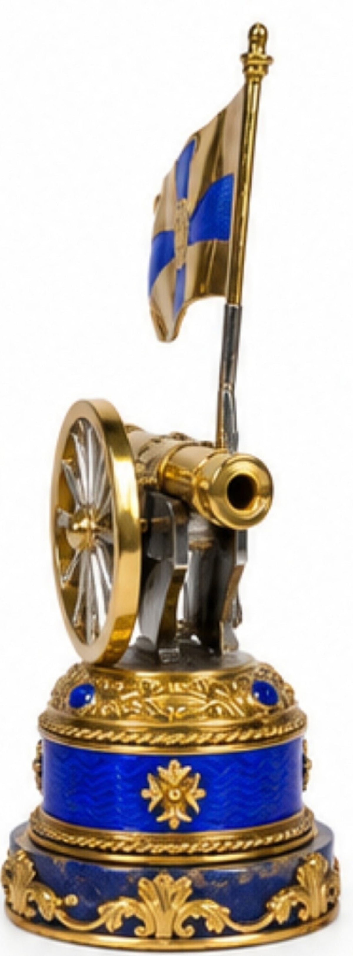 Side view of Napoleonic Cannon luxury paper holder in sterling silver, 24K gold gilt, blue enamel and lapis lazuli