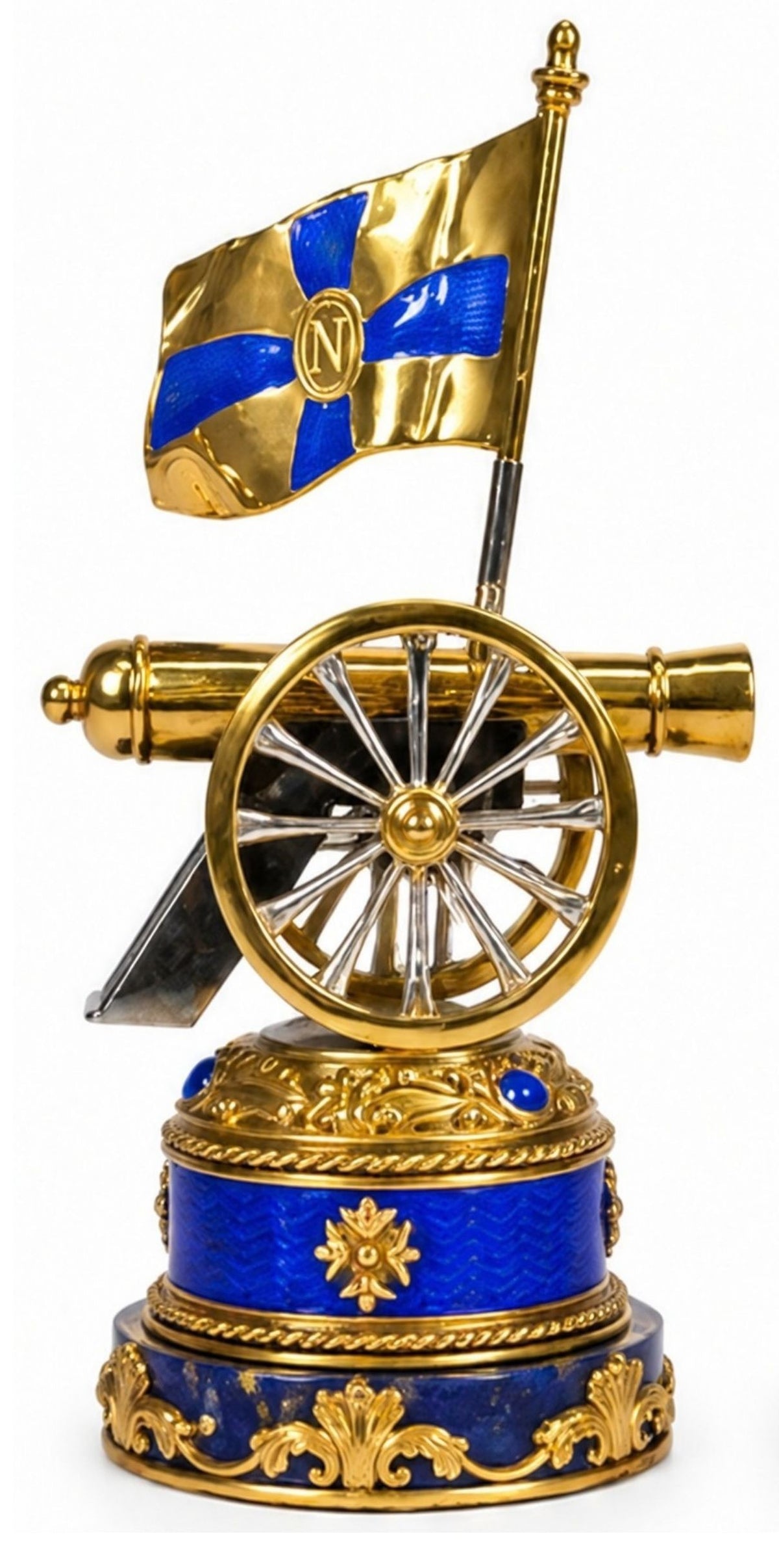 Napoleonic Cannon sculptural paper holder in sterling silver with 24K gold gilt, blue hot enamel and natural lapis lazuli
