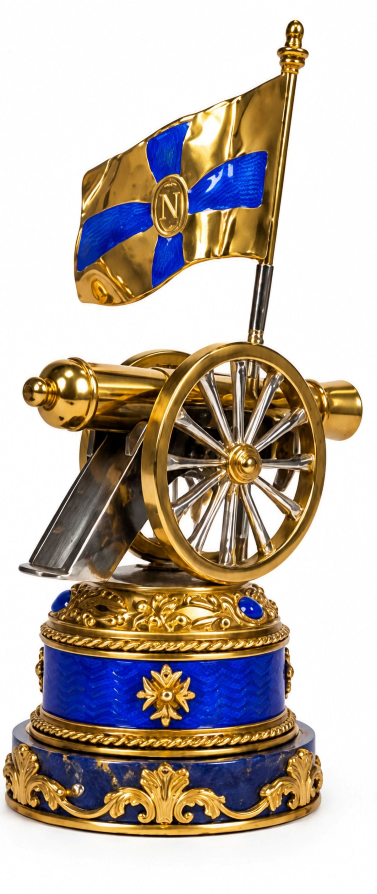 Napoleonic Cannon sterling silver and 24K gold gilt paper holder with blue enamel flag and lapis lazuli base