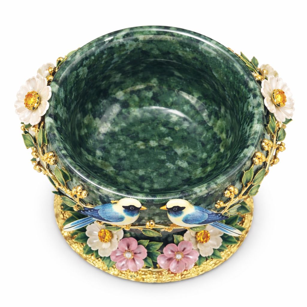Top view of hand-carved jade decorative bowl with gold vermeil bird branches and gemstone floral details