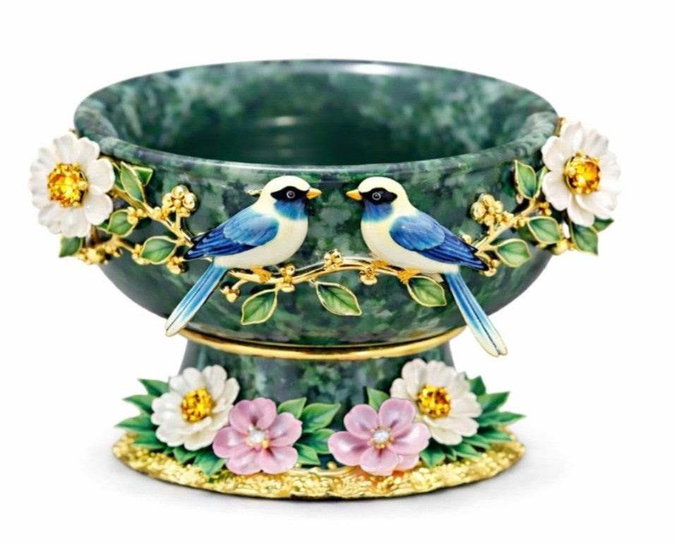 Natural green jade centerpiece bowl with gold vermeil birds and gemstone flowers, handcrafted luxury decorative art object