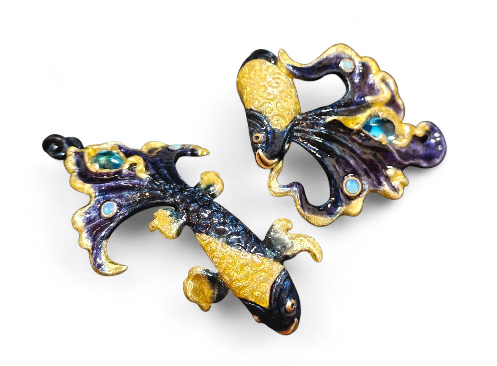 Ocean Duet pendant paired with the matching 960 silver ring, both featuring blue topaz, opal gemstones, and Limoges hot-enamel wave painting, displayed together from Konforti Jewelry’s Stone Garden Collection.