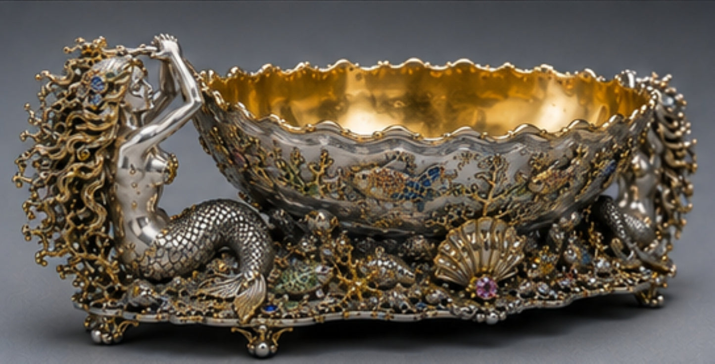 Konforti Kingdom of the Sea sculptural sterling silver champagne cooler with mermaids, gold vermeil and gemstone details