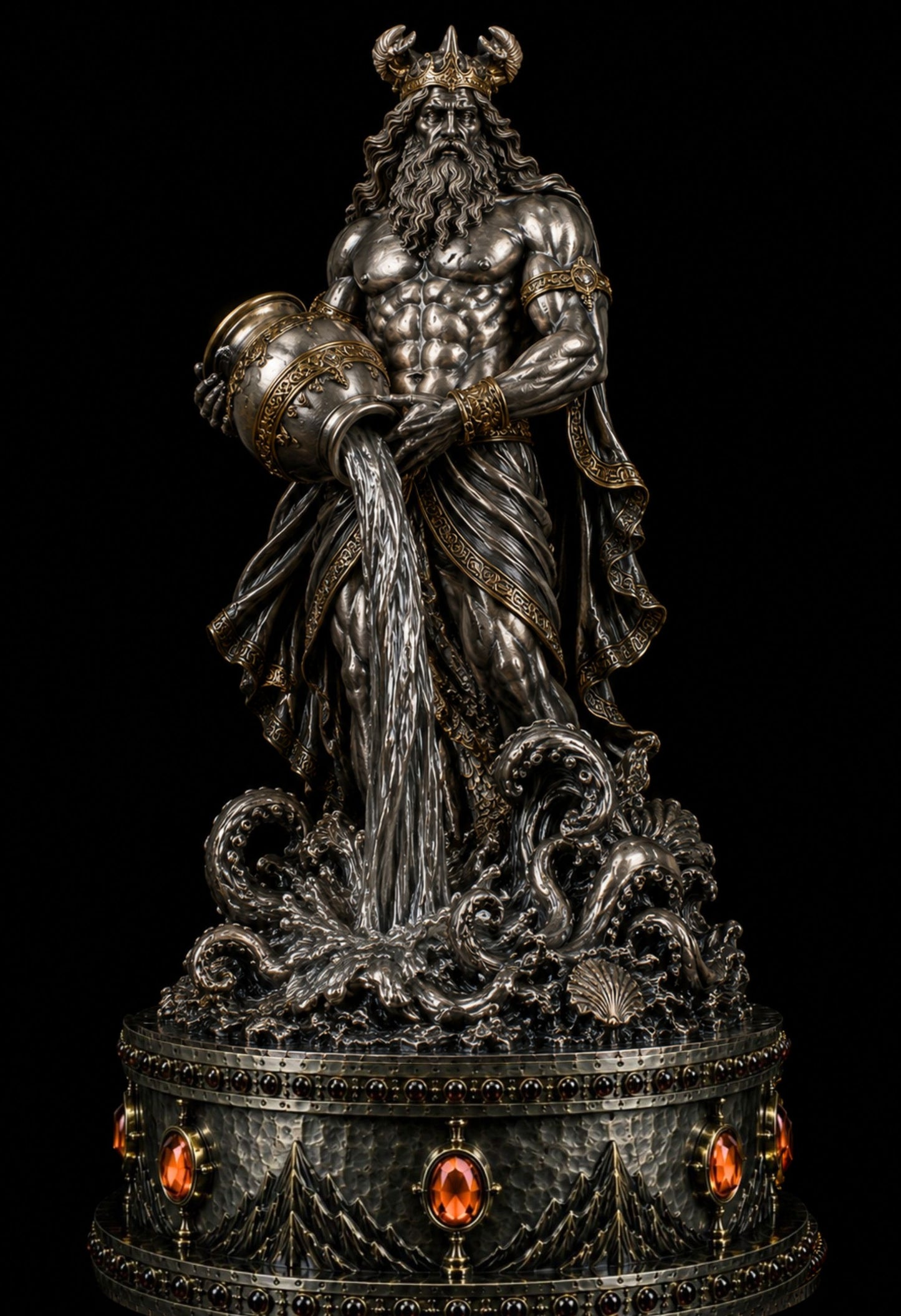 An ornate metallic statue of a muscular bearded figure with a horned headpiece, holding a large vessel from which water flows, set on a decorative base with glowing amber accents against a black background.