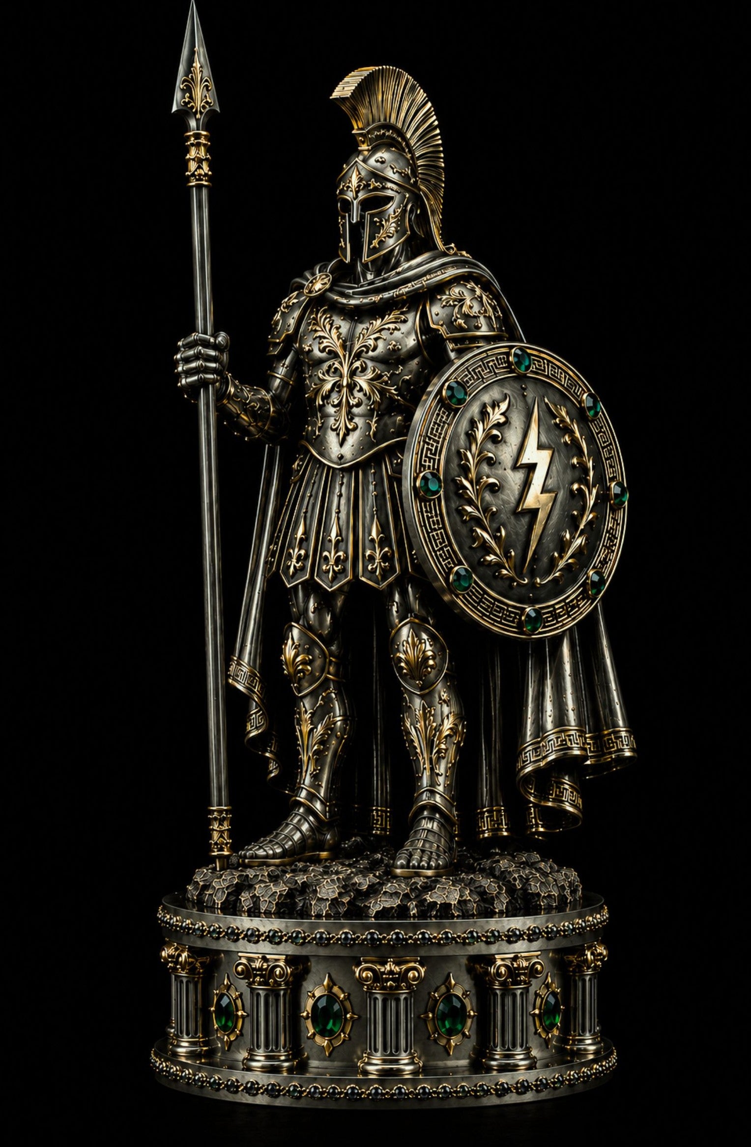 An ornate metallic warrior statue in a classical helmeted armor, holding a spear and a shield with a lightning bolt motif, mounted on a decorative pedestal against a black background.
