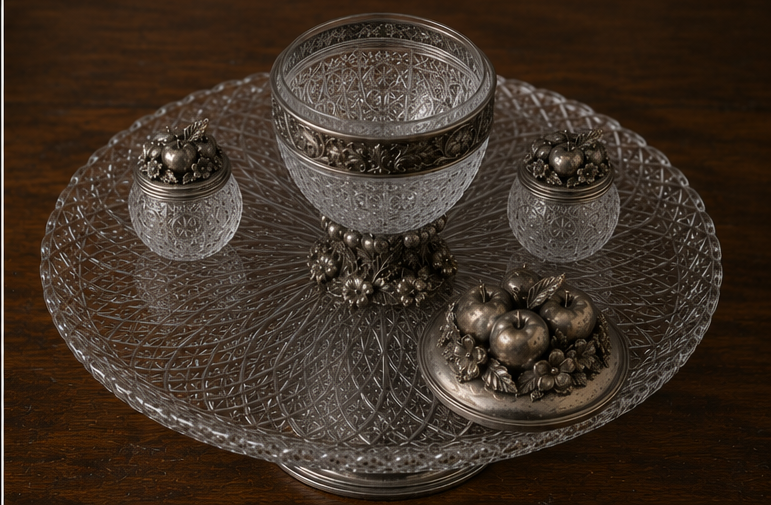 Open view of the Orchard Blessing Bohemian crystal honey serving set showing the central crystal vessel, sterling silver lid, two matching honey pots, and cut crystal serving tray.