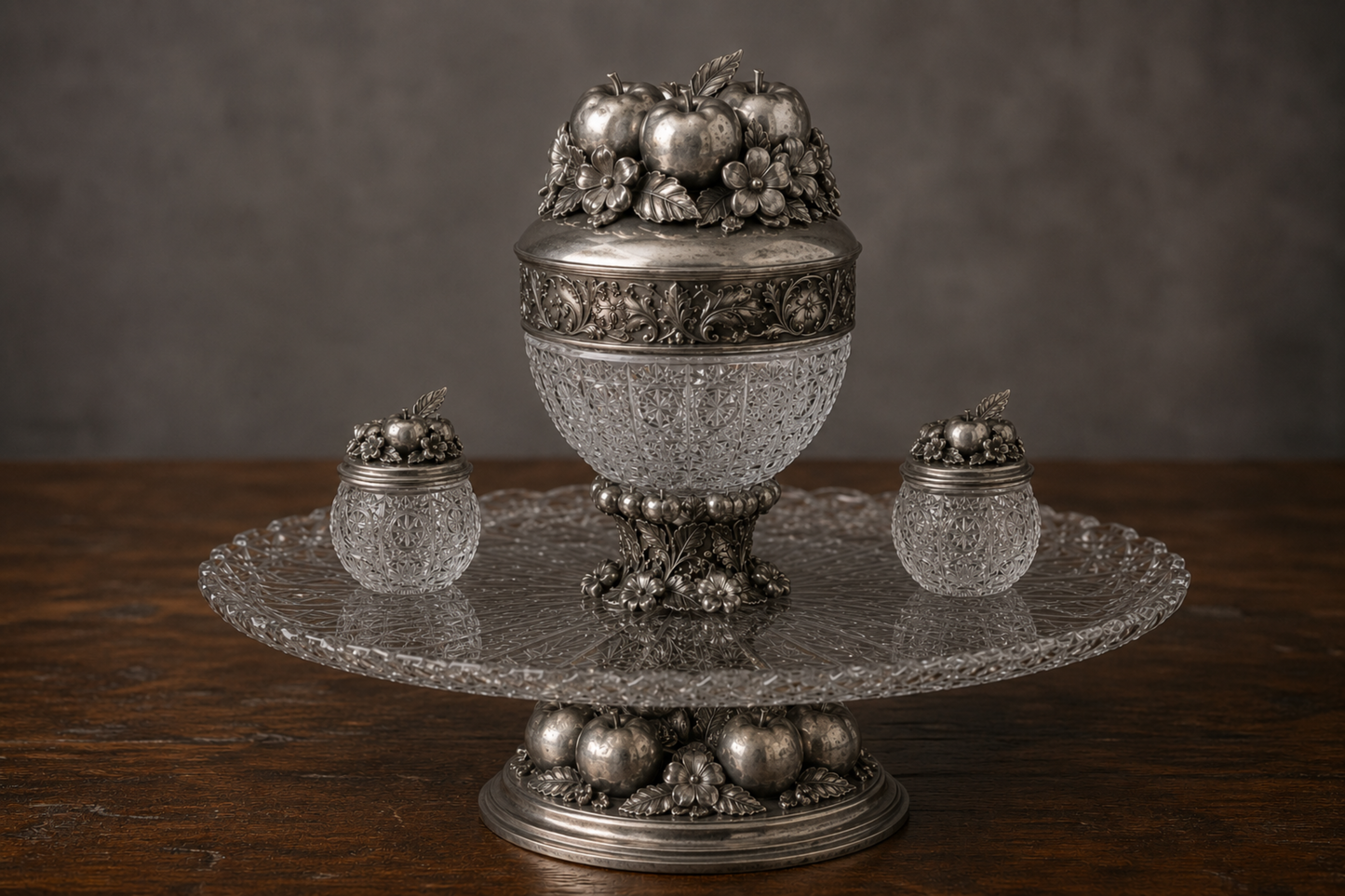 An ornate silver and crystal fruit preserve set on a wooden table, featuring a large pedestal bowl with a fruit-laden lid, two small crystal jars, and a round clear glass serving platter.