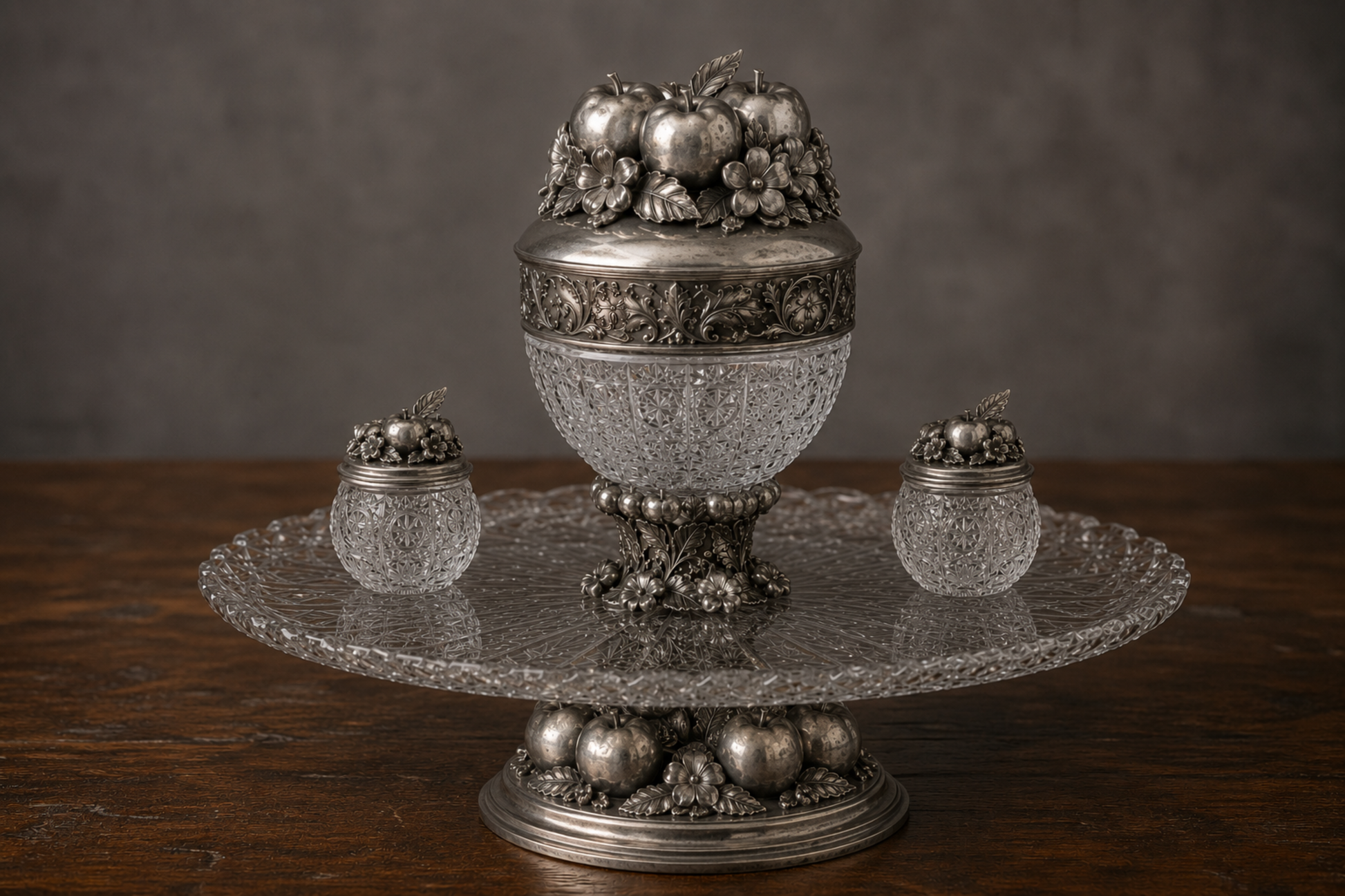 An ornate silver and crystal fruit preserve set on a wooden table, featuring a large pedestal bowl with a fruit-laden lid, two small crystal jars, and a round clear glass serving platter.