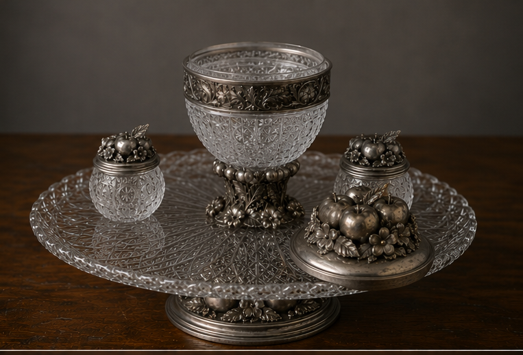 An ornate silver and clear glass serving set on a round glass platter, featuring a central pedestal bowl, two small glass jars with silver lids, and a decorative tray piece, photographed on a dark wooden surface against a gray background.