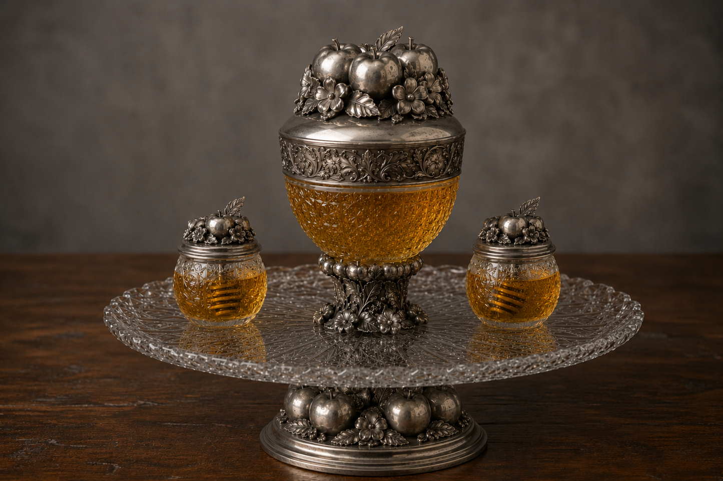 Orchard Blessing luxury Bohemian crystal and sterling silver honey serving set with central honey vessel, two personal honey pots, and elevated crystal serving tray.