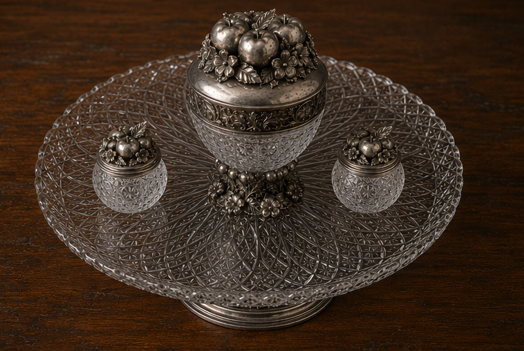 An antique three-piece silver and glass confectionery set on a dark wood background, featuring a large central glass and silver lidded jar flanked by two smaller matching jars, all resting on a cut-crystal pedestal plate.