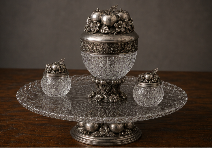 Luxury sterling silver and Bohemian crystal honey serving set with sculptural apple decorations and elevated crystal serving tray.
