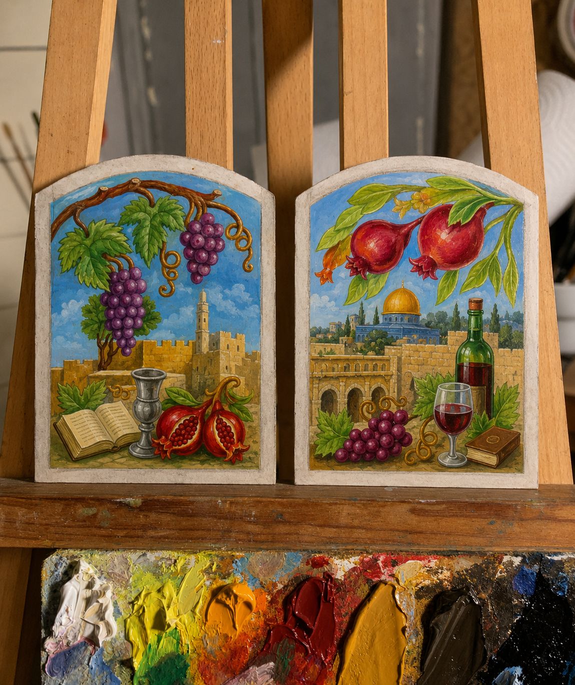 Two small hand-painted ceramic panels depicting Jerusalem scenes with grapes, pomegranates, wine, and a dome of the rock, displayed on a wooden artist easel.