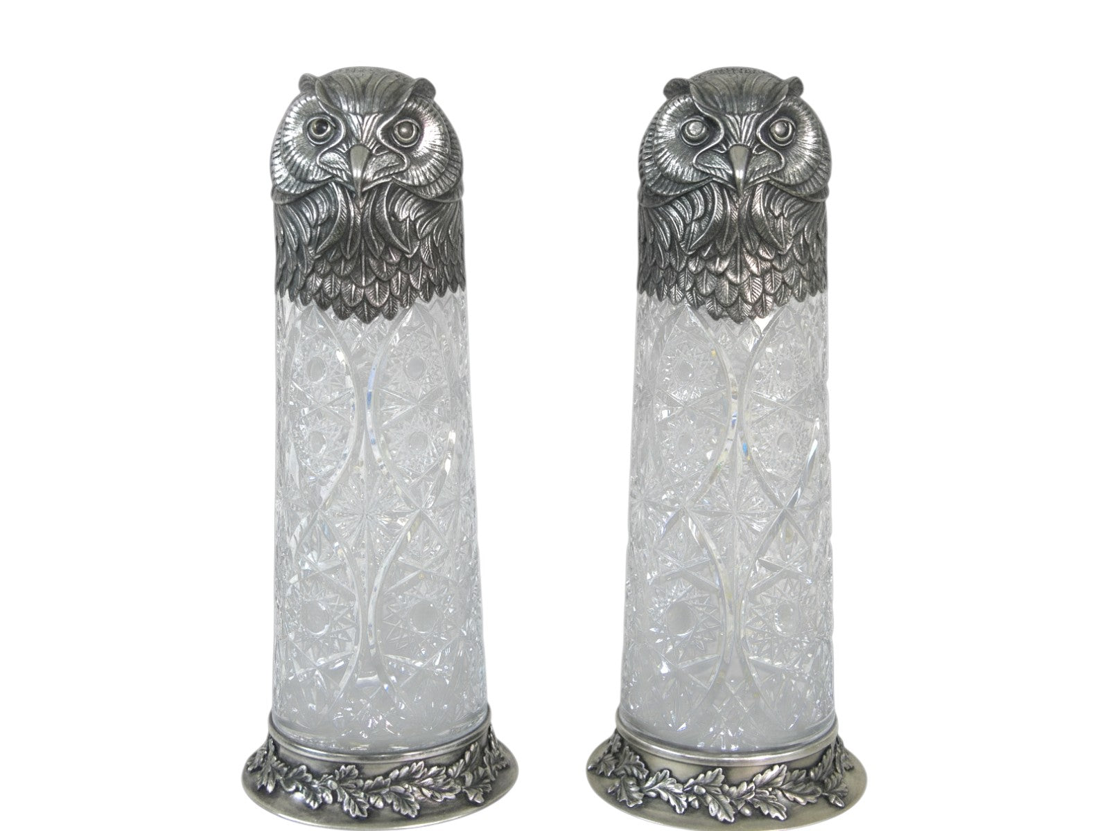 Owl Wisdom monumental sculptural silver wine pitcher pair, full view