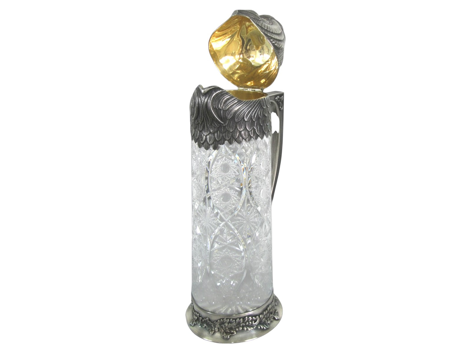 Owl Wisdom sculptural silver wine pitcher with lid open, detail view