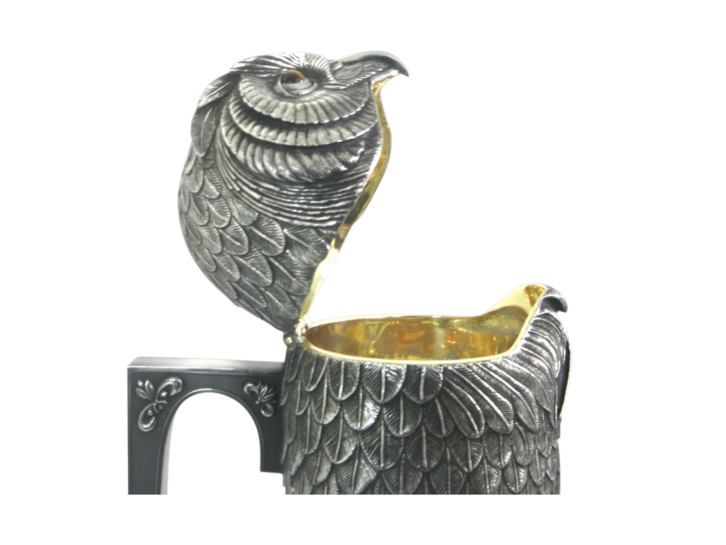 Owl Wisdom sculptural silver wine pitcher open detail, close-up view