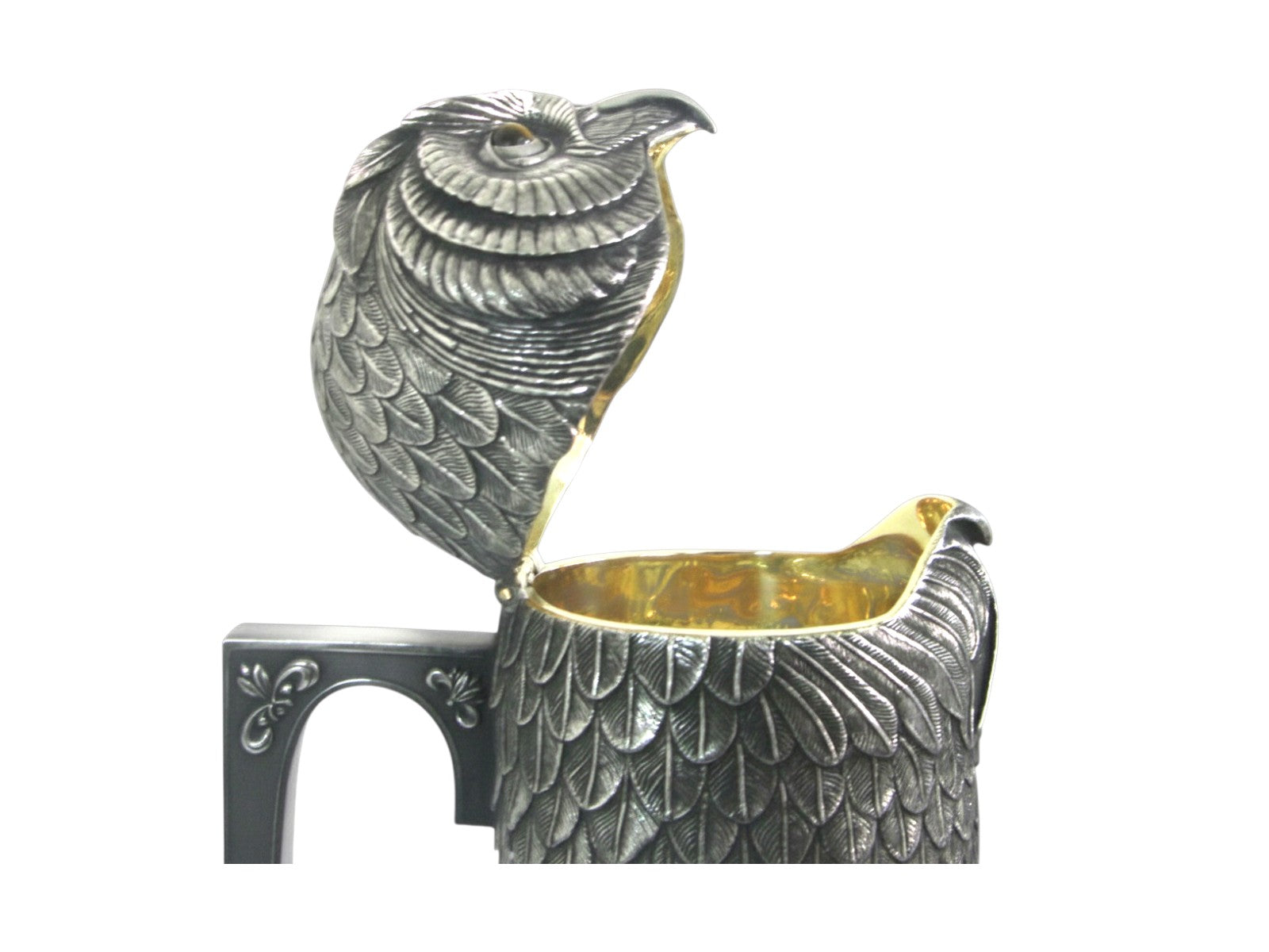 Owl Wisdom sculptural silver wine pitcher open detail, close-up view