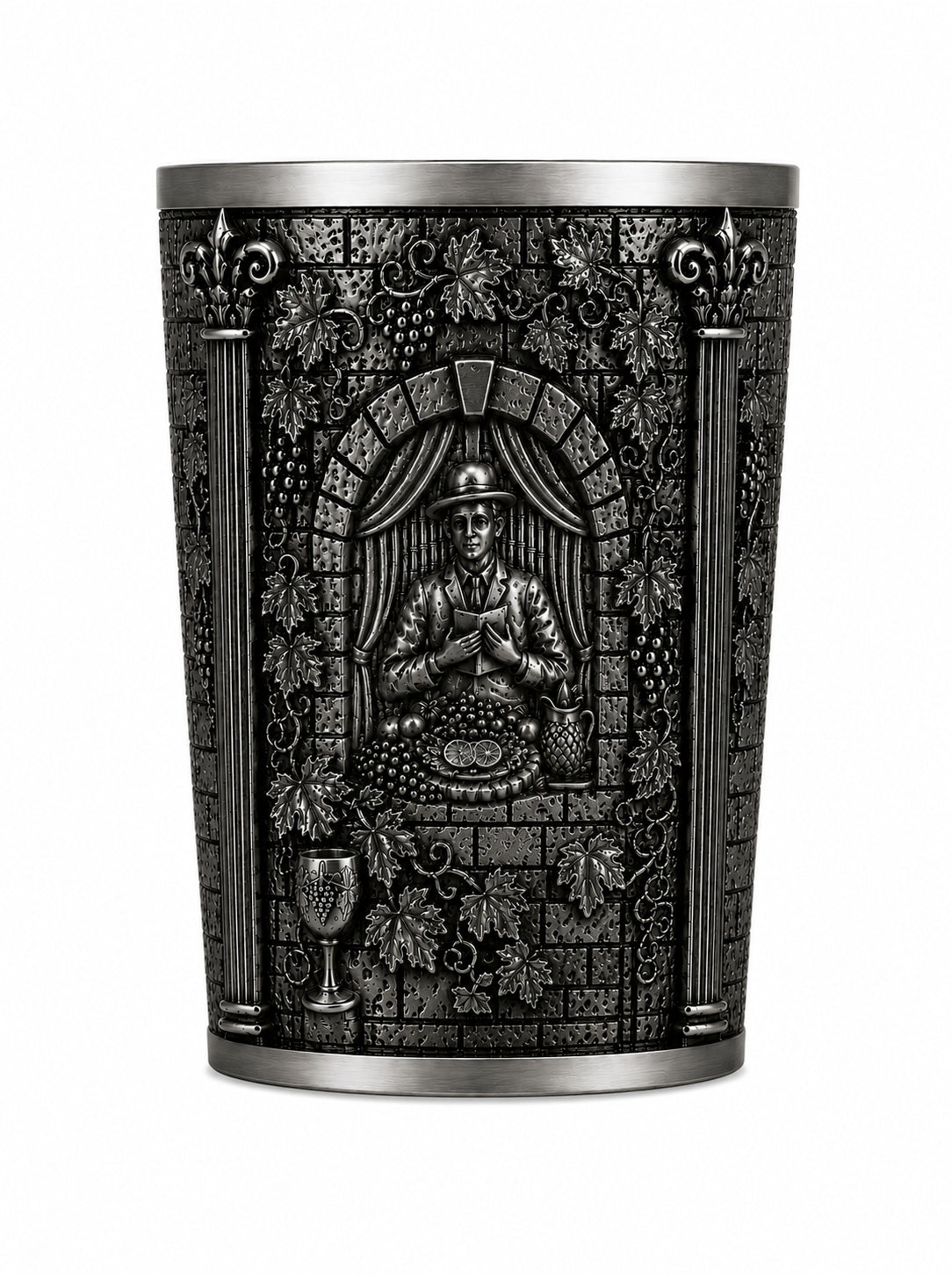 Sterling silver Kiddush cup relief depicting a young man reading from the Passover Haggadah, surrounded by grapevine motifs, architectural columns, and Jerusalem-inspired masonry details.