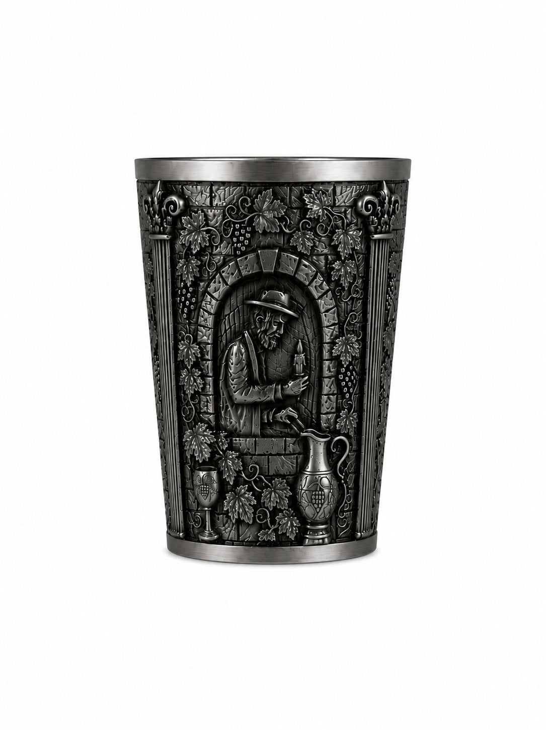 Sterling silver Kiddush cup relief portraying a man performing the traditional bedikat chametz search before Passover, framed by grapevines, an architectural arch, and ceremonial wine vessels.