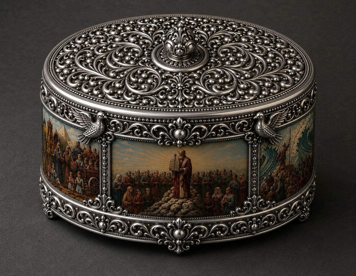 Sterling silver Passover matzah holder with hand-painted Red Sea Exodus and Moses biblical scenes