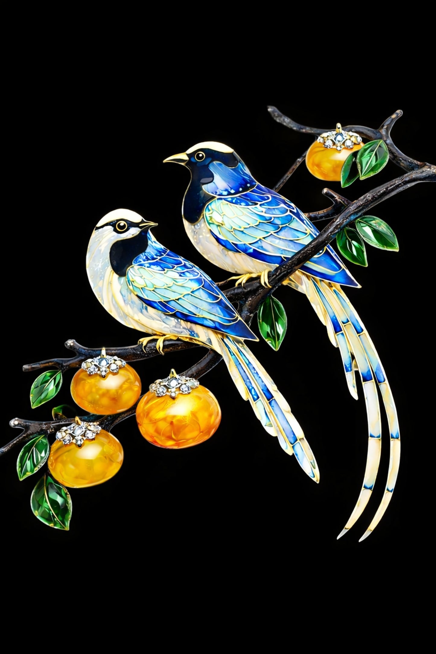 Persimmon Garden handcrafted 18K gold bird brooch featuring hot enamel songbirds, carved golden lepidolite persimmons, diamond accents, green chalcedony leaves, and ebony wood branches.